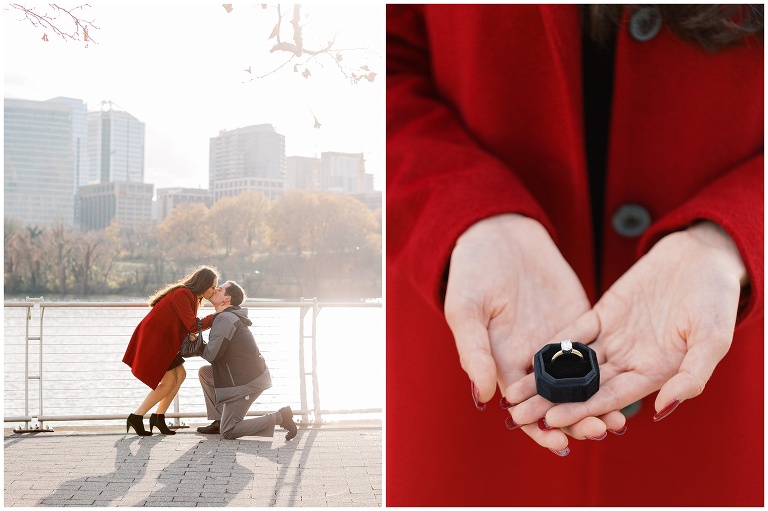 Man on knee proposing at the Georgetown Waterfront in Washington DC