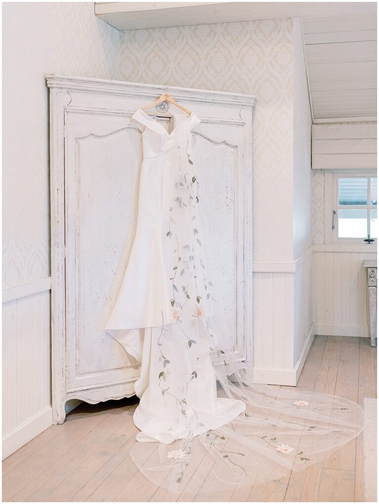 Wedding dress hanging in Pippin Hill bridal suite