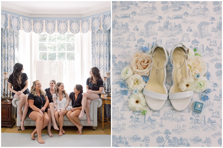 Tidewater Inn bridal suite and wedding shoes flatlay